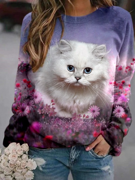 2023 primavera y otoño nuevo Amazon gato Delgado imprimir cuello redondo casual mujer europeo y americano suéter manga larga suéter