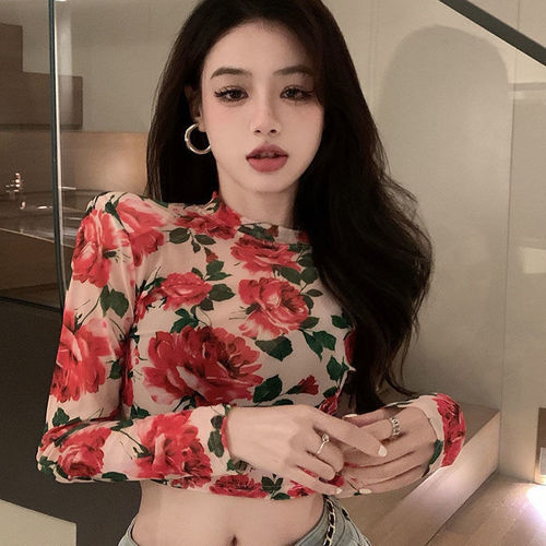 Spring and Summer New Retro Unique Fashion Small Floral Versatile Slimming Waist-Tightening Long-Sleeve T-Shirt for Women