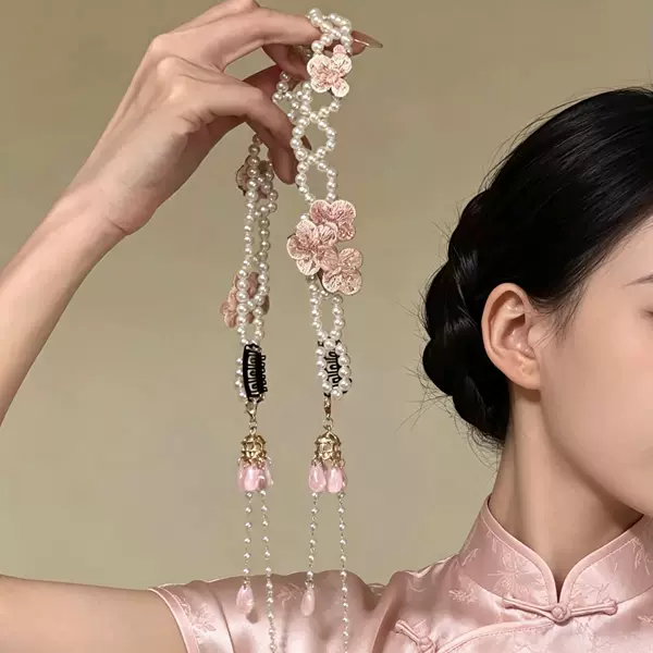 [Wanwan Ningci] 2026 new collection: ultra-fairy pink floral pearl hair chain, new Chinese-style pendant headband