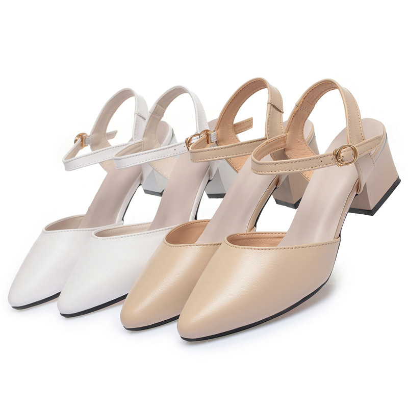 Sandal cao gót nữ mũi nhọn bít mũi da thật gót thô — Màu trắng