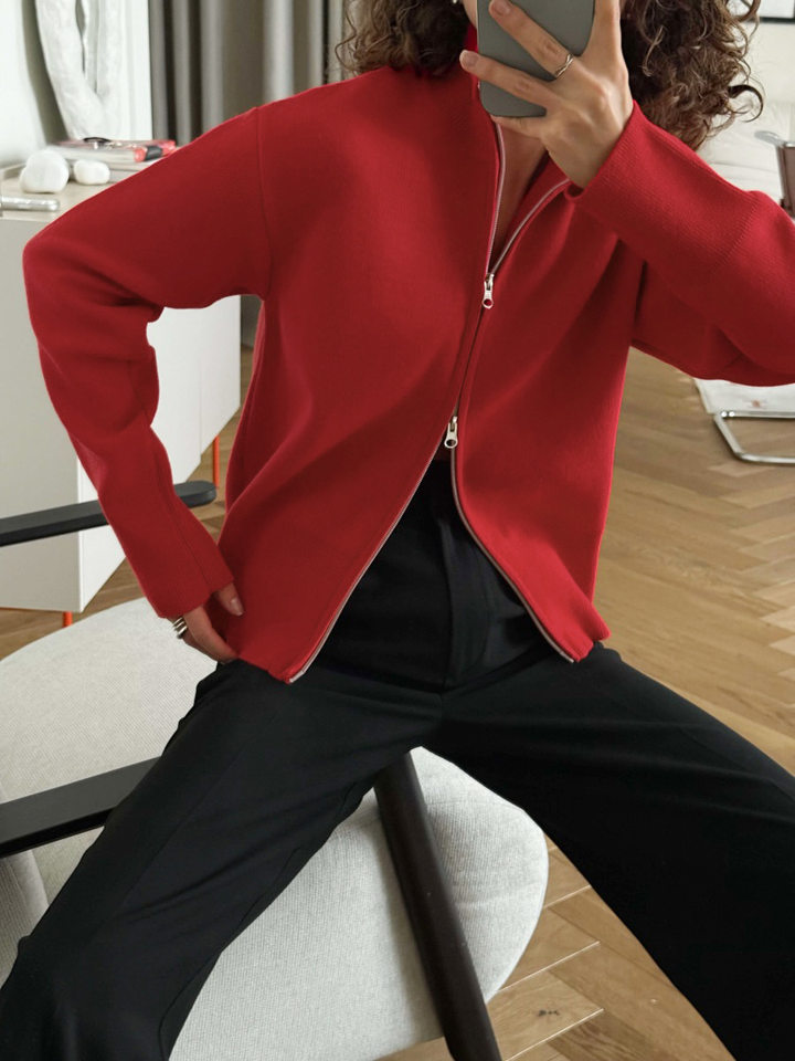 Áo khoác cardigan len dệt kim cổ đứng khóa kéo hai chiều dài tay — Màu nâu cà phê, Màu trắng, màu đen, màu đỏ chi tiết 14