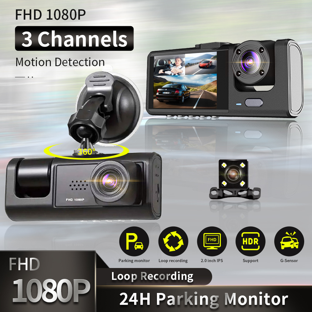 Three-Camera Dashcam with High-Definition Night Vision, Mobile Phone Connectivity, Simultaneous Recording of Front, Interior, and Rear of the Vehicle