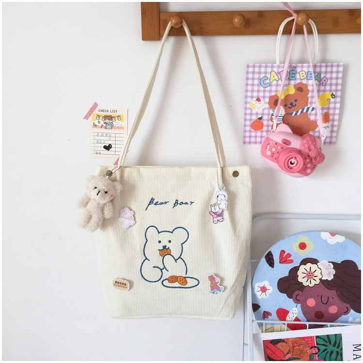 Women's Large Corduroy Bear Cute Magnetic Buckle Tote Bag display picture 10