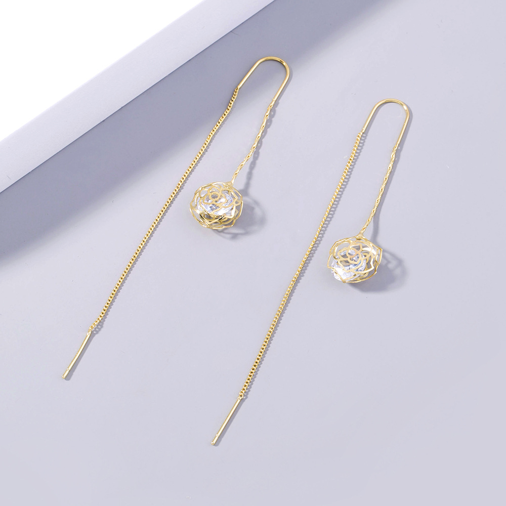 European And American Long Tassel Rose Flower Zircon Crystal Earrings display picture 1