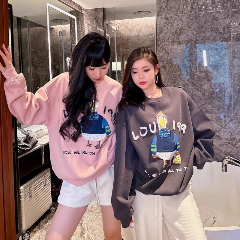 2023 Palm home I LOVE BLING heavy industry cute duck fleece-lined loose pullover sweater for women 2023 Palm home I LOVE BLING heavy industry cute duck fleece-lined loose pullover sweater for women
