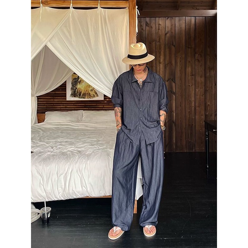 Old Money Style Linen Suit Denim Blue Sun Protection Shirt Men's Summer Ice Silk Cotton and Linen Wide-Leg Long Pants Set