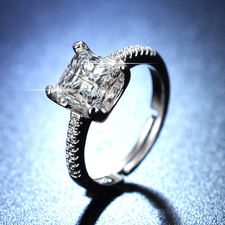 Ring one carat, adjustable open band with AAA zirconia, silver-layer plating