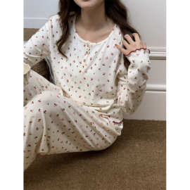 实拍2025INS冬磨毛针织木耳边樱桃蝴蝶结圆领套头家居服睡衣套装