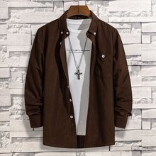 秋冬款灯芯绒男士长袖衬衫加绒加厚纯色衬衣青中老年大码男装