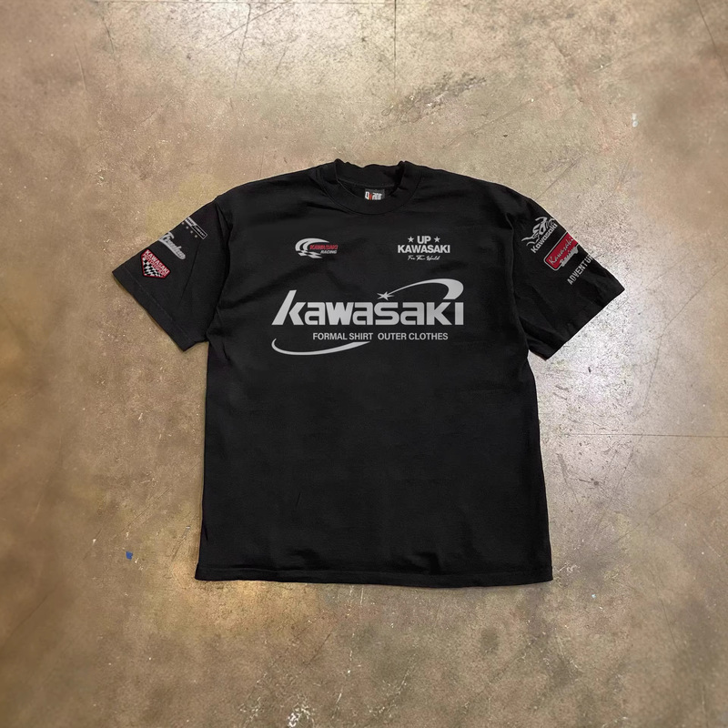 250g Heavyweight Pure Cotton! American-Style Oversize Kawasaki Racing Print Couple's Loose Short-Sleeve T-Shirt for Men Y2K