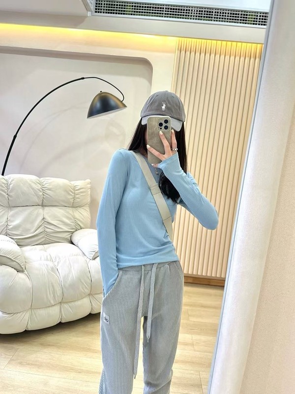 2025Al レディース 5 色ボトムシャツ夏の新超弾性リブ長袖 Tシャツヨガ痩身ラウンドネックシャツ|undefined