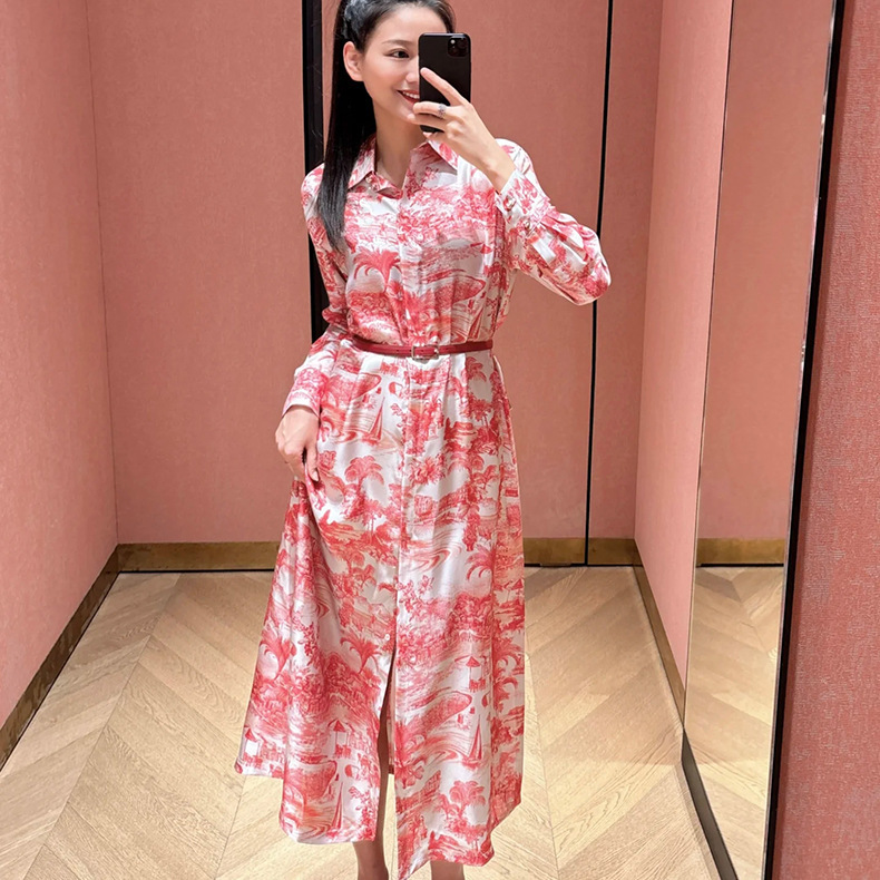 Nanyou Factory Wholesale Max Early Spring New Shirt Collar Long Sleeve Printed Loose Women's Silk Dress