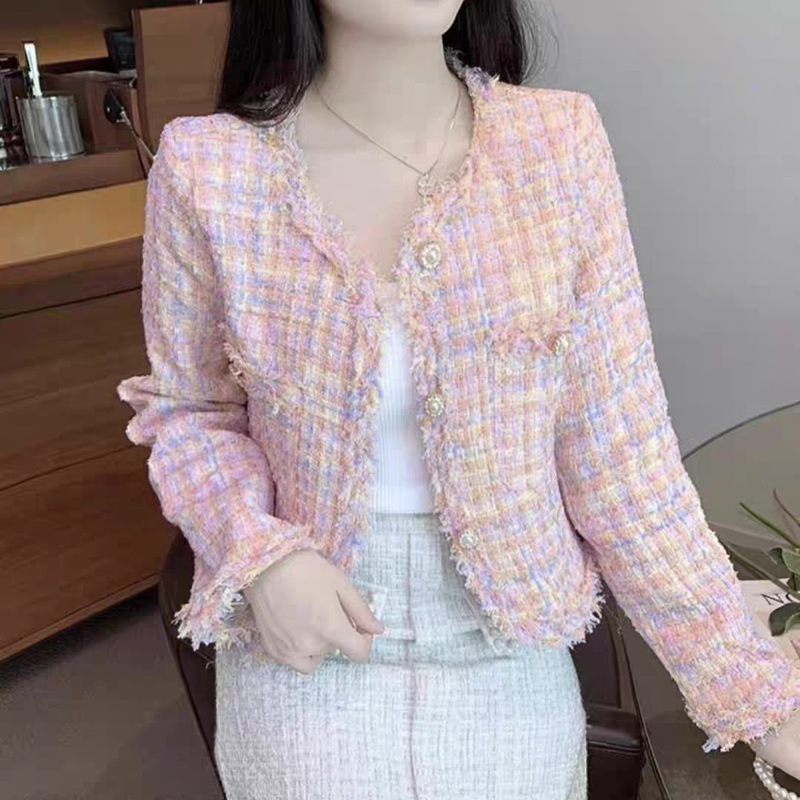 法式气质名媛小香风粉色粗花呢外套女早秋季高级感小个子短款上衣|undefined