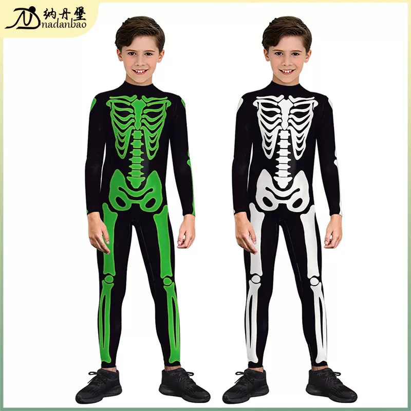 2024跨境新品数码印花3d骨架万圣节儿童服装男女童装紧身衣连体服