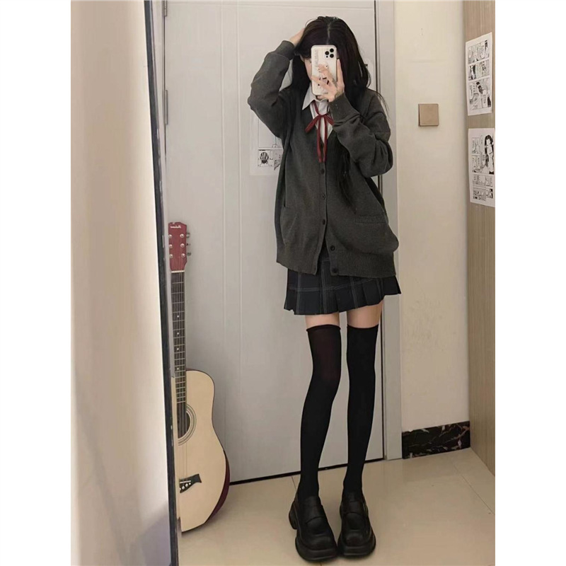 Jk Sweater Cardigan Jacket Women's Autum Japanese Style Preppy Style Uniform School Supply Dark Gray Long-Sleeved Shirt Short Skirt Suit