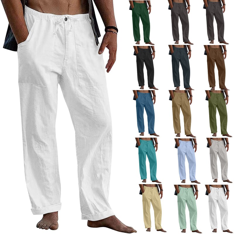 2022 Men's Linen Trousers Yoga Beach Loose Casual Summer Waist Drawstring Loose Pants with Pockets 2022 Men's Linen Trousers Yoga Beach Loose Casual Summer Waist Drawstring Loose Pants with Pockets