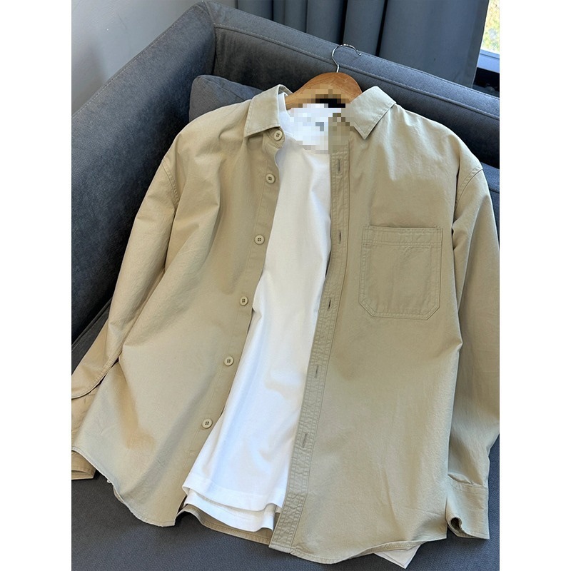 Khaki Long-Sleeved Shirt Men's Spring and Autum Wear Japanese Style Retro Cityboy Work Shirt Casual Jacket