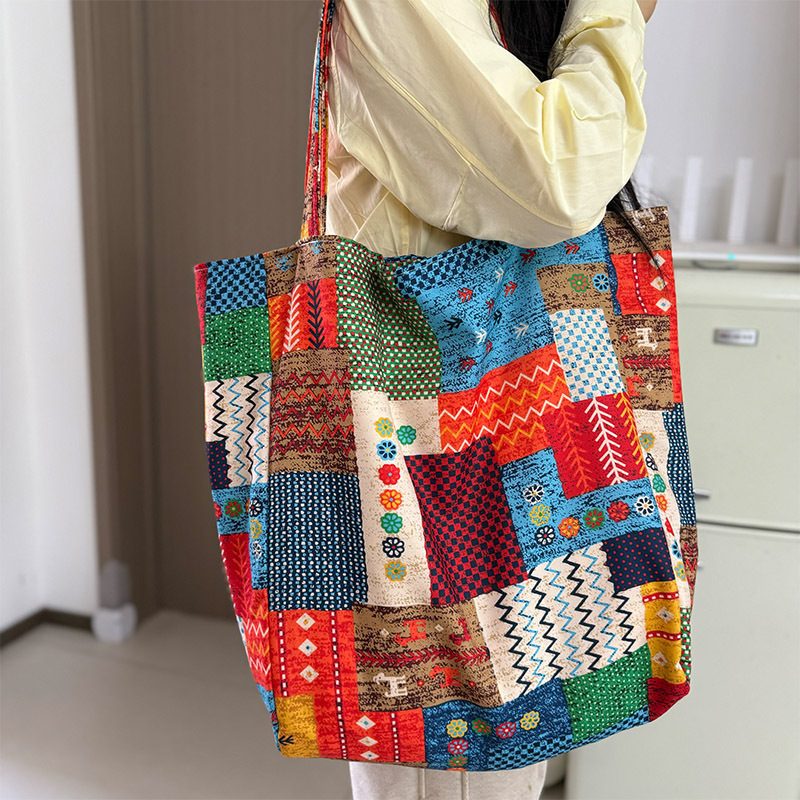 Bohemian Style Oversized Cloth Bag, Versatile Contrasting Color Canvas Bag, Large Capacity One-Shoulder Conspicuous Bag Tote Bag