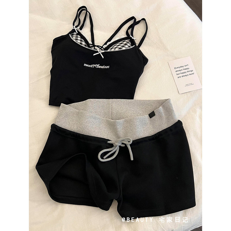 Pure Cotton Casual Shorts for Women, Summer Thin Style, Color-Blocking Home Pants, High-Waisted, Suitable for Outdoor Wear, Sports Three-Quarter Wide-Leg Hot Pants