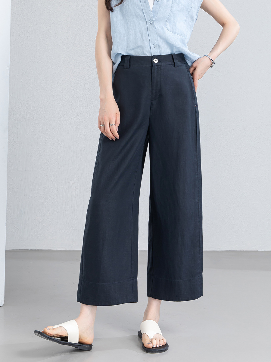 Quần culottes nữ ống rộng phong cách tối giản chất liệu lanh pha sợi thiên ti mỏng nhẹ dáng suông dài 9 phân — Chín điểm - 86193-1 Trắng