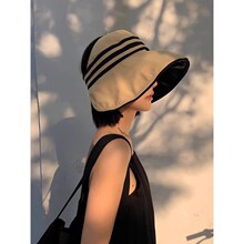 UPF50+高倍防晒黑胶大沿条纹空顶帽子女户外防紫外线可折叠太阳帽