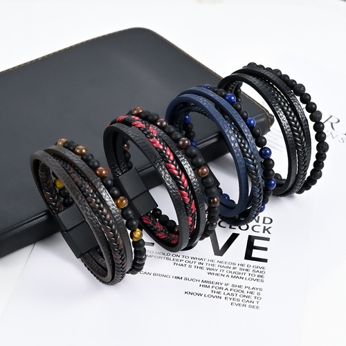 European and American Instagram-style multi-layer woven men's bracelet with natural stone and alloy, men's leather bead bracelet