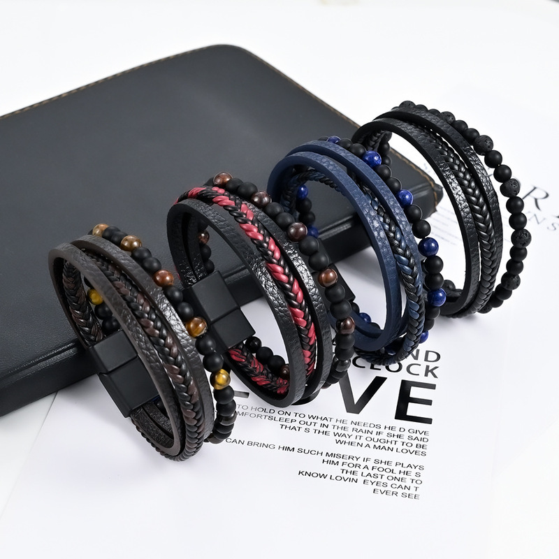 European and American ins style men's multi-layer woven bracelet natural stone alloy men's bracelet leather beaded bracelet wholesale