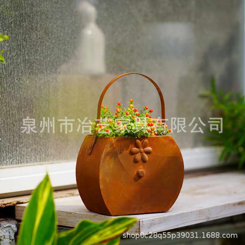 跨境新款生锈手提包花篮 户外装饰花篮 仿真手提包花篮|undefined