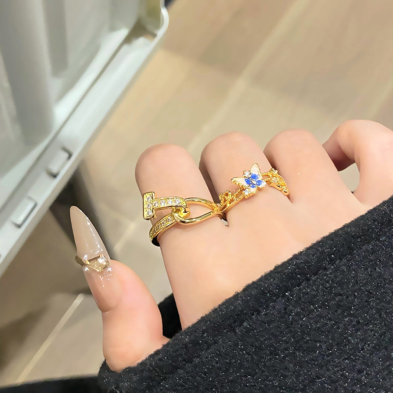 獨特設計感T形交叉鋯石燒藍蝴蝶滴釉疊戴戒指女款ins小眾秋冬指環