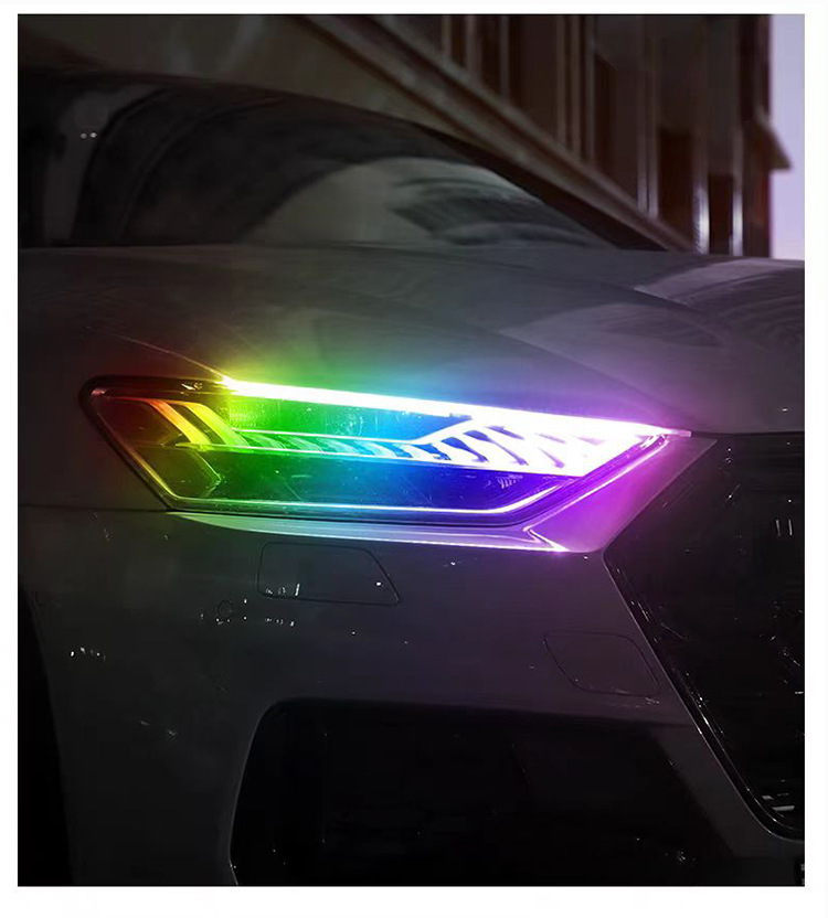 Car Led Headlight with Start-Up Scanning Daytime Running Lights, Colorful Light Guide, Dual-Color Sequential Flow with Turn Signal Driving Lights