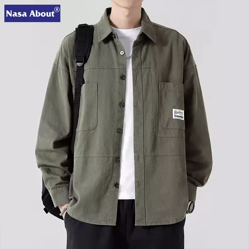 NASA新款长袖衬衫男士纯棉休闲工装衬衣男生春秋季夏男生薄款外套