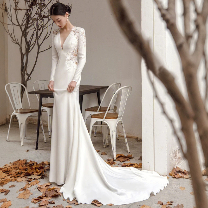 Cross-Border Aliexpress European and American New Fashion Wedding Dress, Slim Fit, Simple and Elegant, Flattering, Forest Style Satin Mermaid Wedding Dress Cross-Border Aliexpress European and American New Fashion Wedding Dress, Slim Fit, Simple and Elegant, Flattering, Forest Style Satin Mermaid Wedding Dress