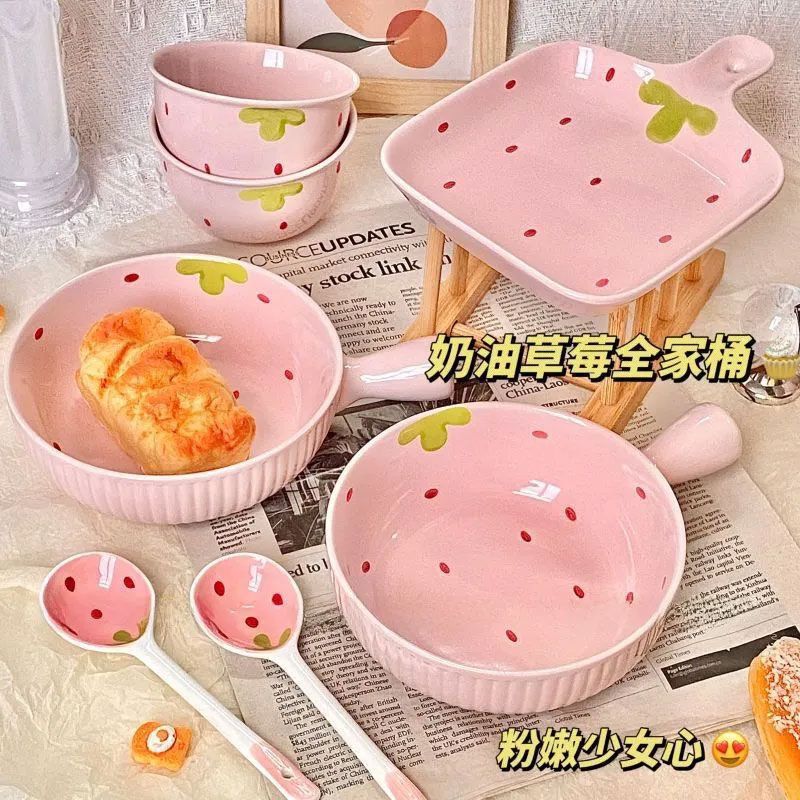 Pink Girly Cute Strawberry Ceramic One-Person Hand Bowl Instant Noodles Underglaze Color High-Value Household Tableware Set