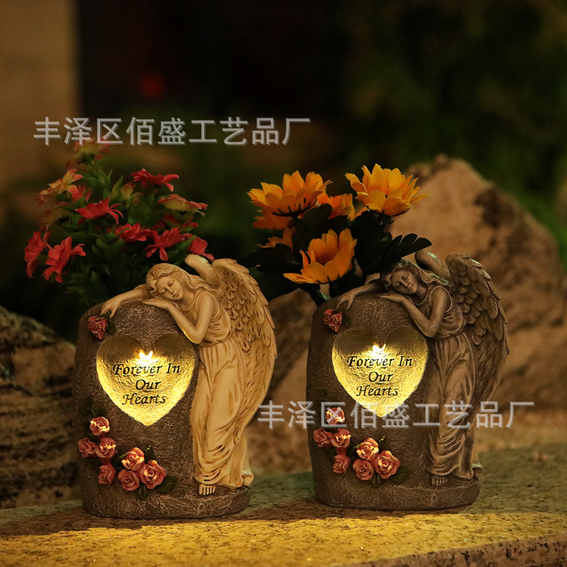 Regalos conmemorativos transfronterizos de resina de piedra imitación cementerio jarrón Angel decoración jardín al aire libre decoración de lámpara solar