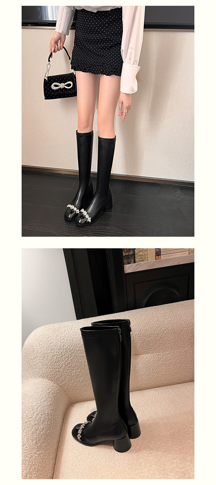 Boot nữ cổ cao ôm bắp chân phong cách vải tuýt, gót thô 5 cm, đế dày, mũi tròn — nhung đen, Lớp lót đơn màu trắng nhạt, Lớp lót đơn màu đen, Lớp lót nhung màu trắng nhạt chi tiết 8
