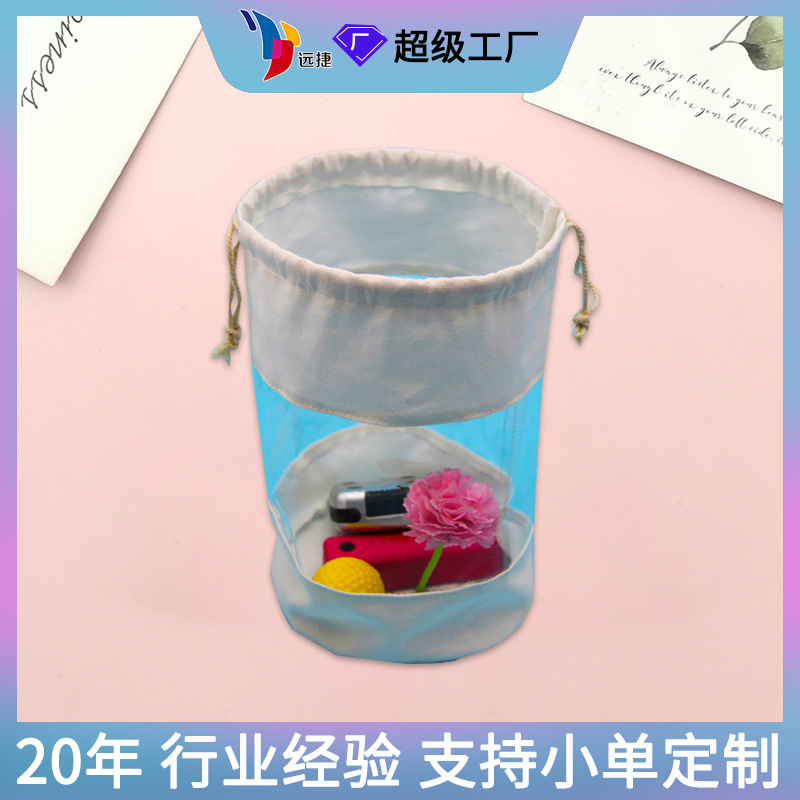 厂家供应玻璃杯包装麻布袋 抽绳束口黄麻布透明PVC拼接袋加印LOGO