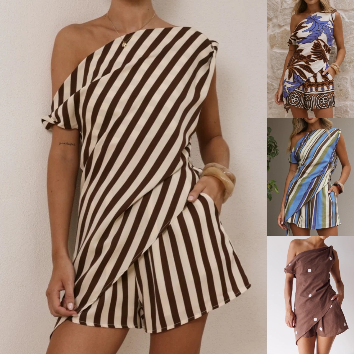 2026 Cross-Border European and American Independent Website Summer New Style Printed One-Shoulder Personalized Casual Top and Loose Shorts Set