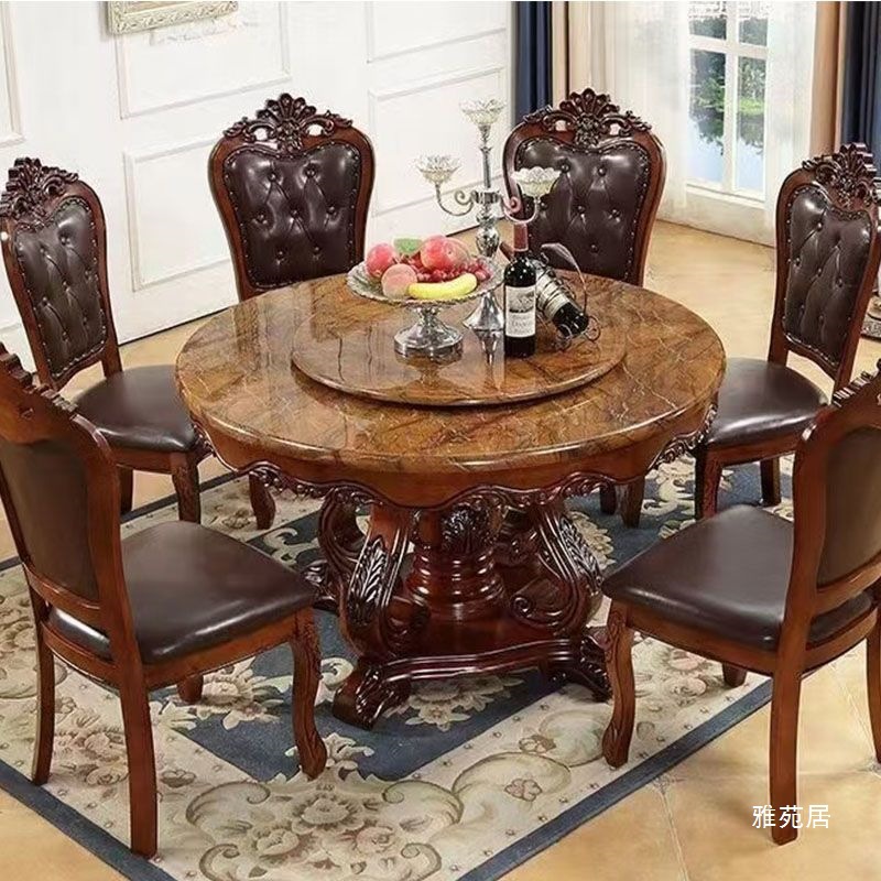 Marble Solid Wood Dining Table House Luxury European Carved Dining Table and Chair Combination Household Round Dining Table with Turntable