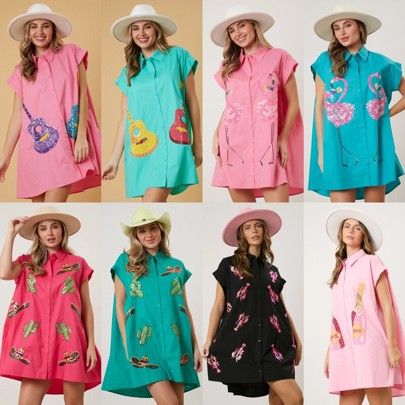 2024 Summer new cross-border European and American Amazon loose casual lapel short sleeve shirt sequined dress women