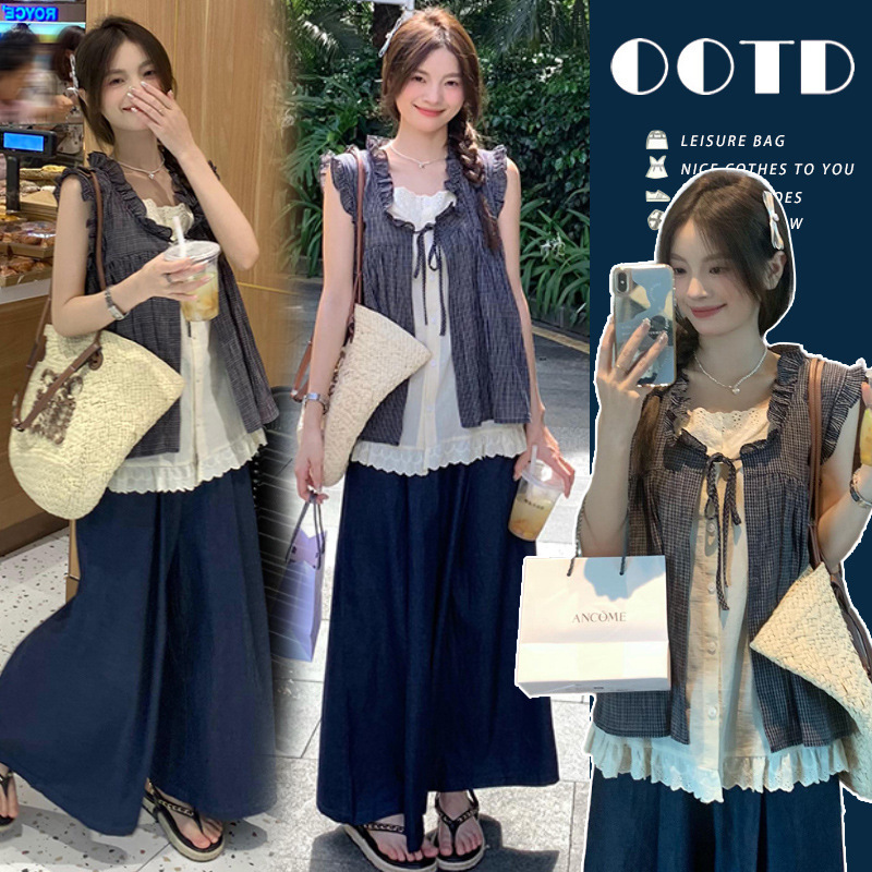 Handled 2025 Summer Lace Fake Two-piece Shirt Korean Top Belly-supporting Wide-leg Pants Pregnant Women suit