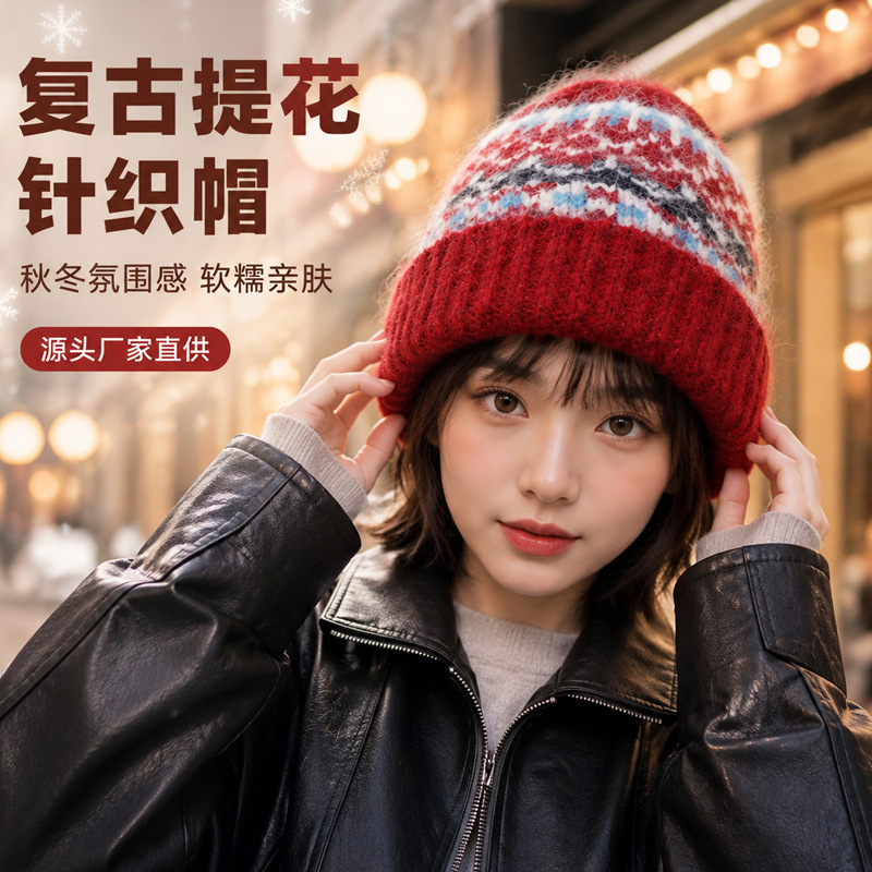 Nordic-style color-block jacquard knit hat, retro thickened beanie, warm wool hat, stylish and atmospheric, women's autumn/winter collection