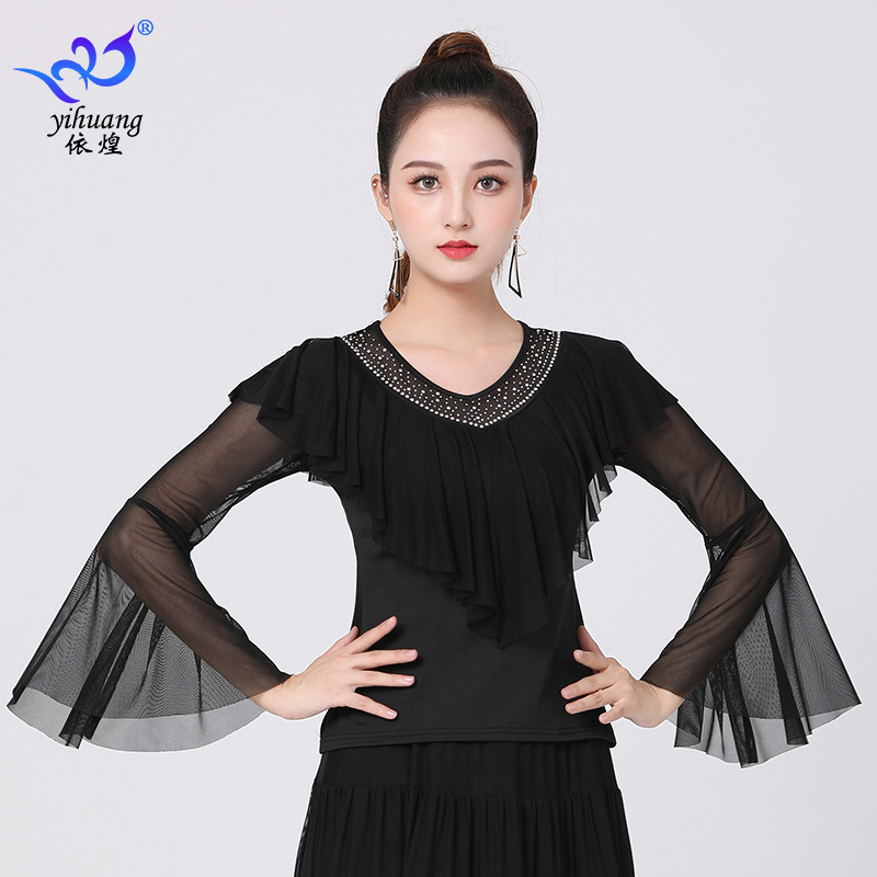 Latin Dance Clothes Trumpet Long-Sleeved Dance Clothes Modern Dance Practice Clothes Hot Drilling Mesh Top Ballroom Dance Performance Clothes Dance Clothes