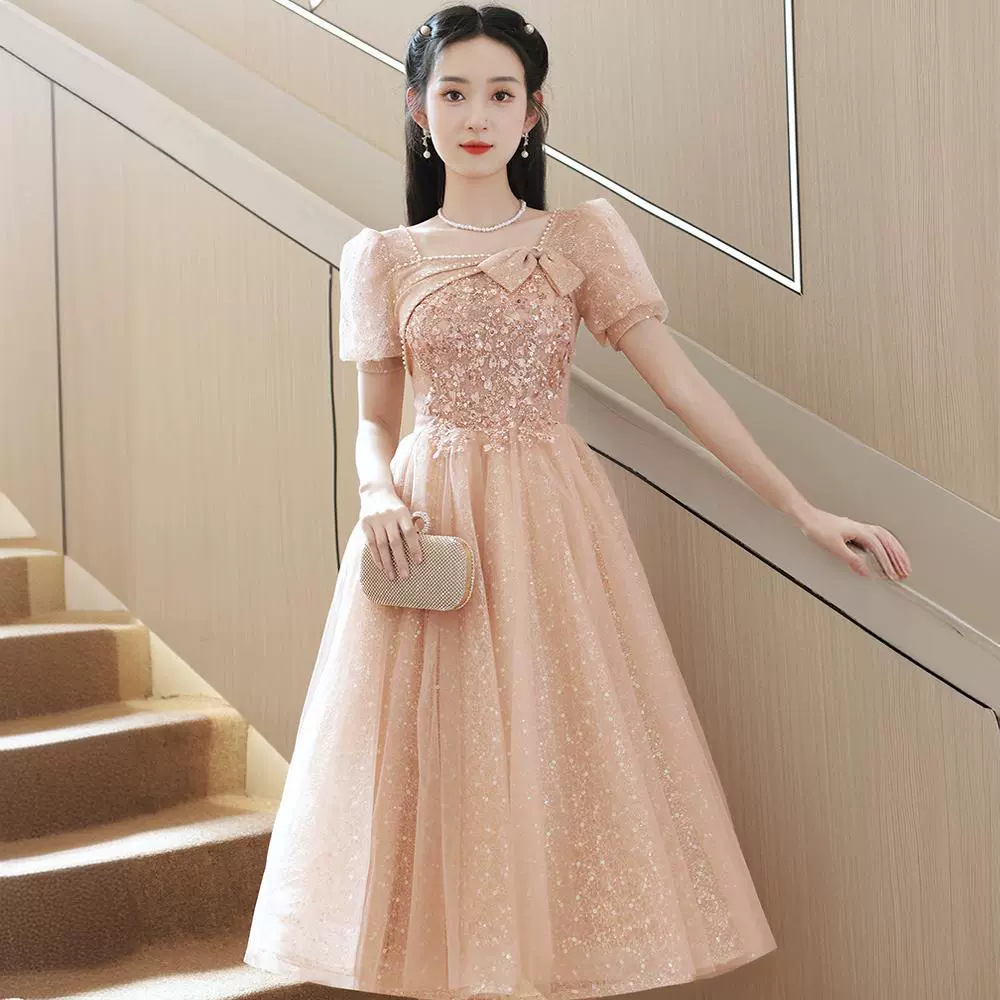 Elegant Evening Dress for Women 2026 New French Square-Neck Light Luxury Niche High-End Dress with Mesh and a Sense of Sophistication