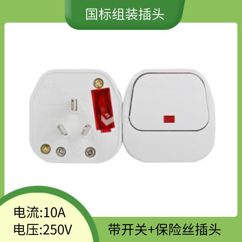 国标家用带开关指示灯保险管电源插头 国标三扁脚接线插头GW7102