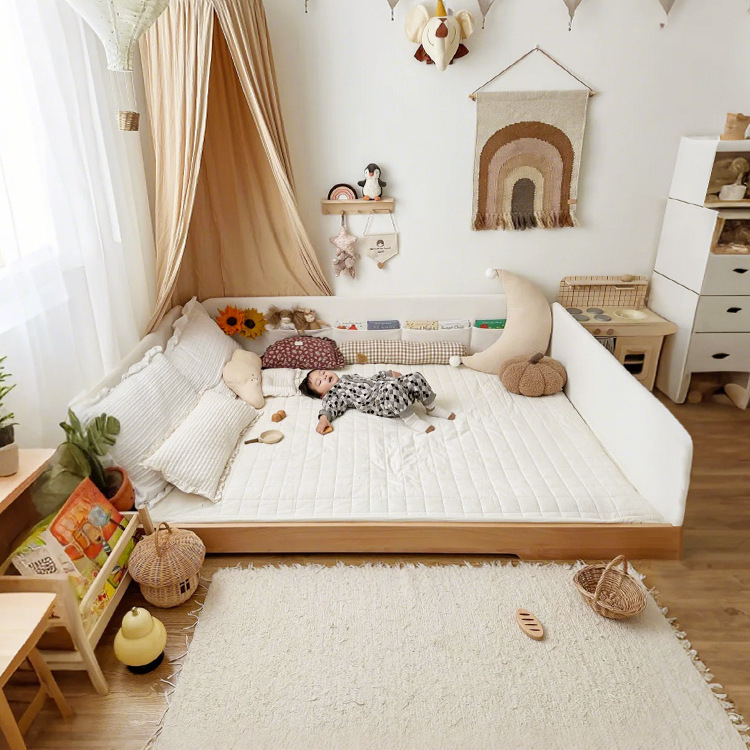 Colorfree Floor Bed Montessori Kidsren's Bed Boys and Girls Beech Single Bed Full Solid Wood Floor Bed Breathable