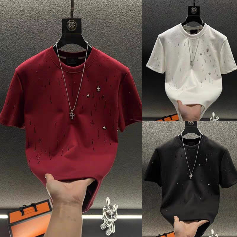 European and American Style Handsome Short-Sleeve Men's Top, Heavy Luxury Men's Clothing, Meteor Rhinestone T-Shirt, Men's Round Neck Half-Sleeve T-Shirt