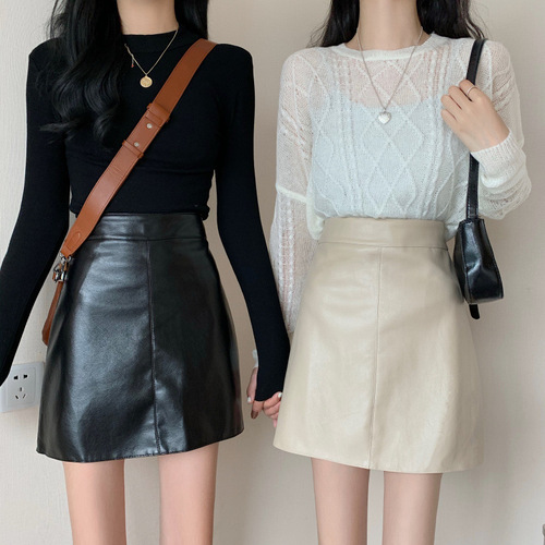 Skirt Mini Skirt High-Waist Women's Baguette Skirt PU New Short Skirt A-Line Skirt Spring Autumn Fall Winter