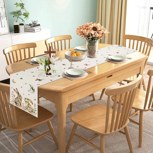 2025 Easter Table Flag Linen Rabbit Print Home Tablecloth Festival Party Dining Table Decor Cloth Runner