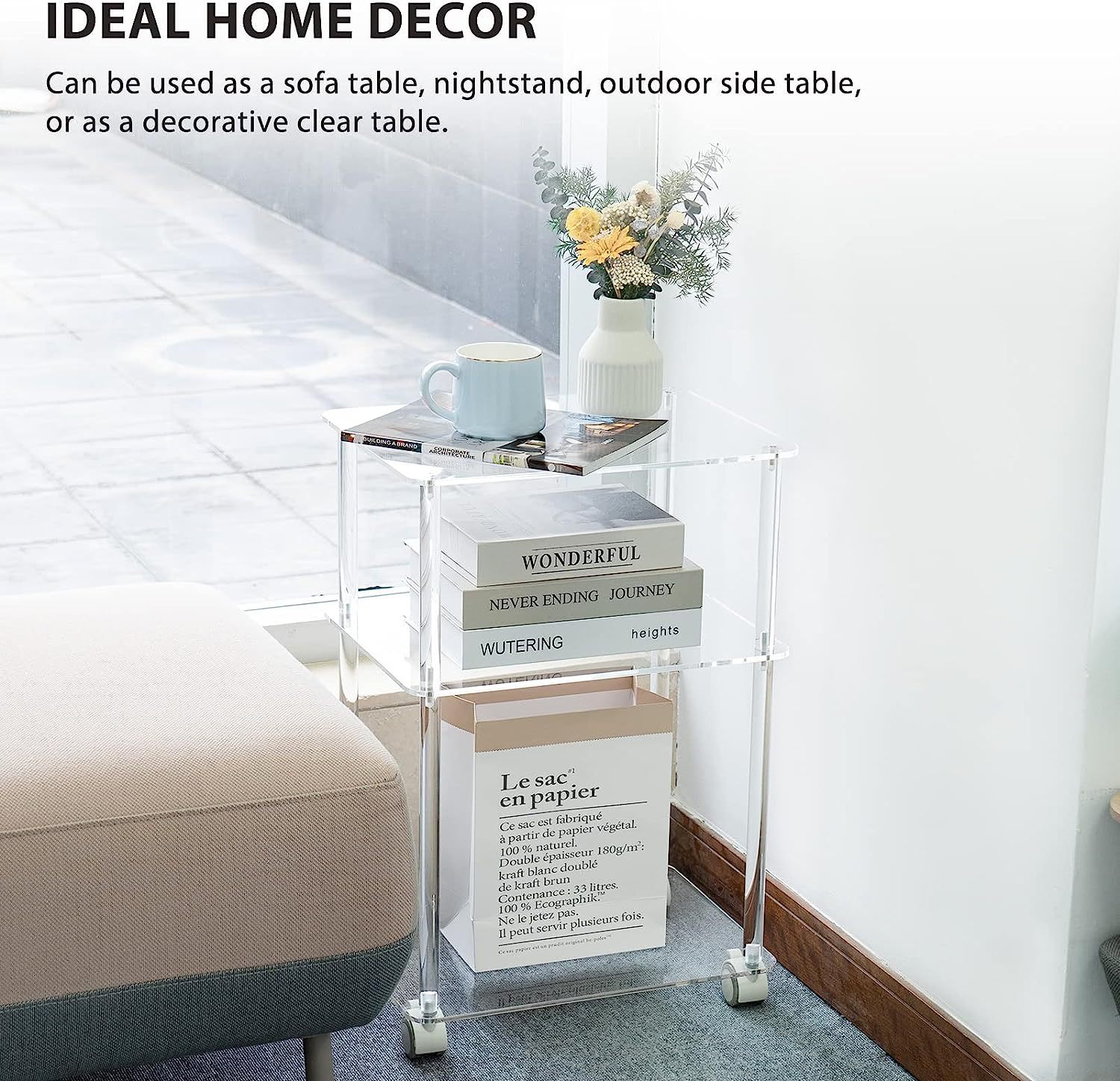 压克力滚动小空间侧桌，可上锁车轮移动端桌，卧室起居室