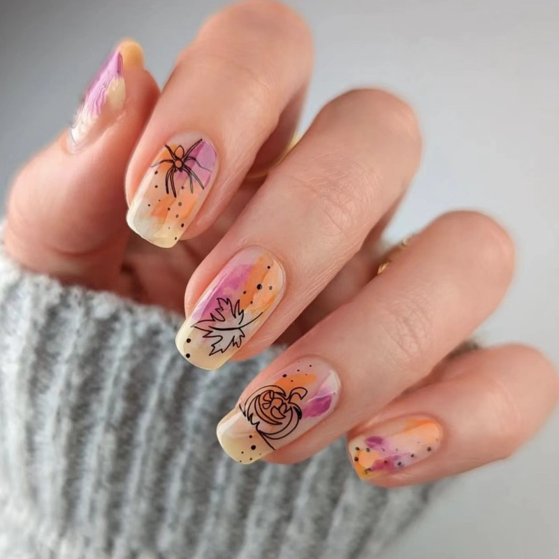 Autumn Thanksgiving pumpkin maple leaf design fake nail short square orange purple blooming nail patch wear nail pressing nail Autumn Thanksgiving pumpkin maple leaf design fake nail short square orange purple blooming nail patch wear nail pressing nail